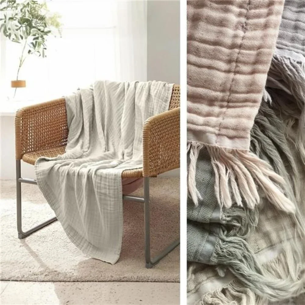 NEW West Elm Boho Beige Tassel Waffle Knit Muslin Gauze Throw Blanket 55
